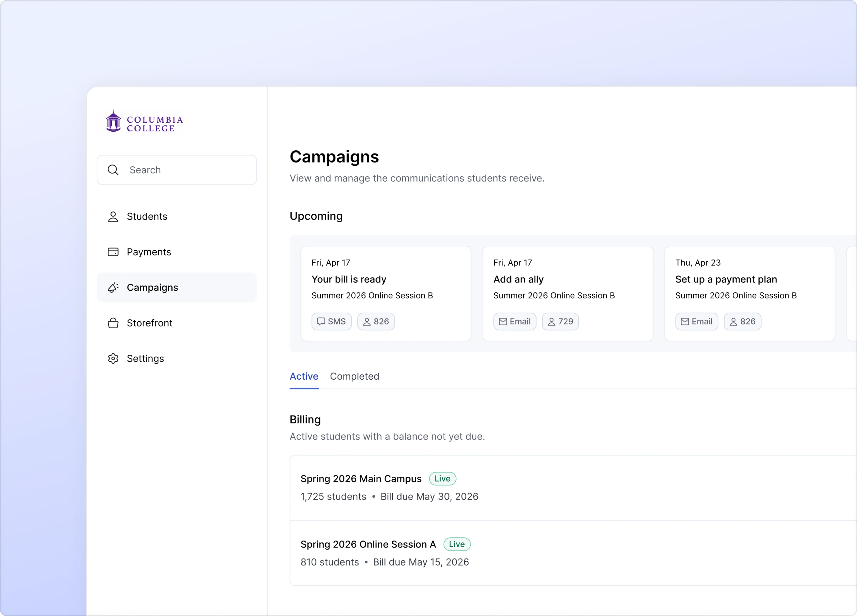 Meadow Campaigns admin dashboard — upcoming SMS and email communications scheduled for student billing sessions.