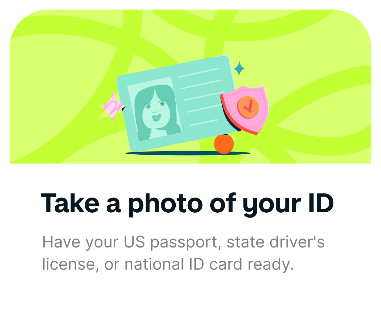 ID photo step from Monzo onboarding — illustration of an ID card balanced with a verification shield.