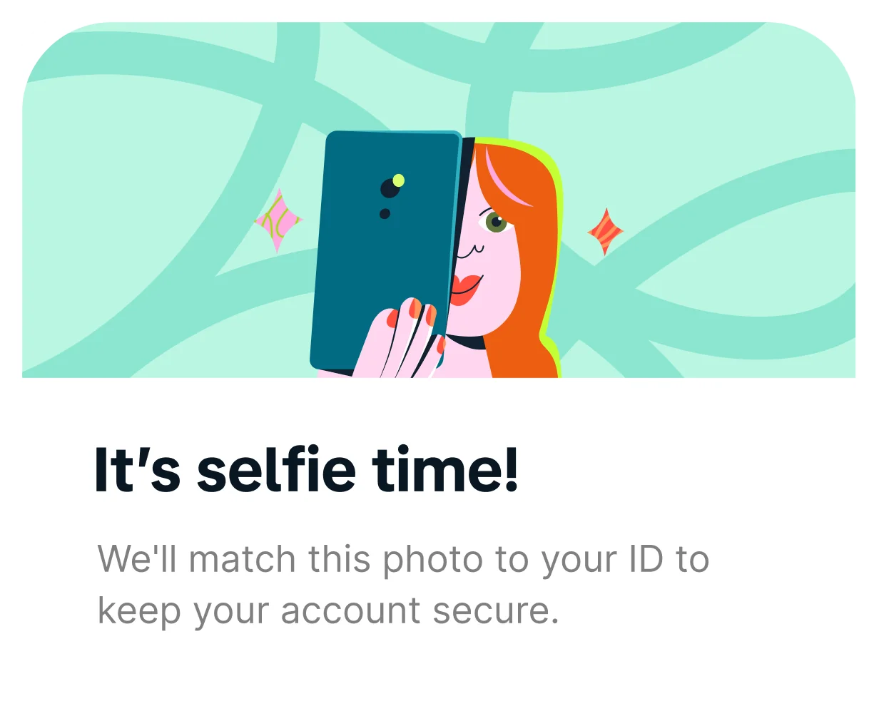 Selfie verification step from Monzo onboarding — illustration of a person taking a selfie with their phone.